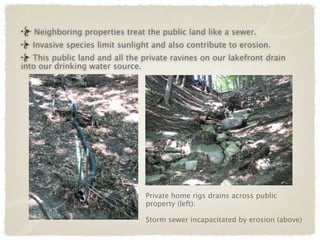 Neighboring properties treat the public land like a sewer.
   Invasive species limit sunlight and also contribute to erosion.
   This public land and all the private ravines on our lakefront drain
into our drinking water source.




                                Private home rigs drains across public
                                property (left).

                                Storm sewer incapacitated by erosion (above)
 