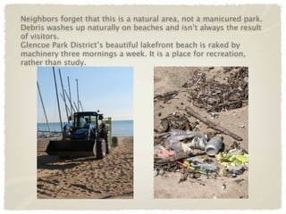 Neighbors forget that this is a natural area, not a manicured park.
Debris washes up naturally on beaches and isn’t always the result
of visitors.
Glencoe Park District’s beautiful lakefront beach is raked by
machinery three mornings a week. It is a place for recreation,
rather than study.
 