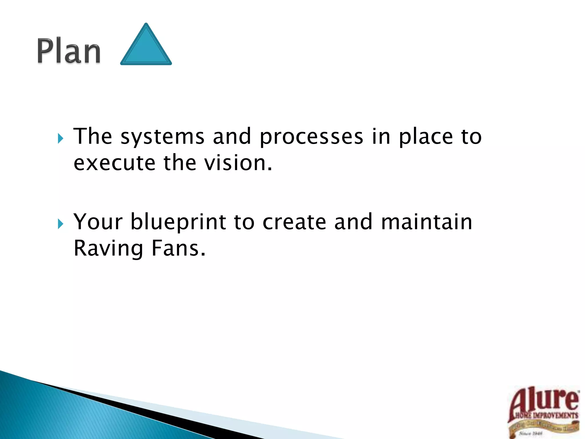  The systems and processes in place to
execute the vision.
 Your blueprint to create and maintain
Raving Fans.
 