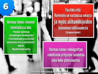 6
Harmaa talous ilmenee
ravintoloissa mm.
- Pimeänä työntekona
- Sosiaalietujen väärinkäyttönä
- Yritystoimintana jossa jä...