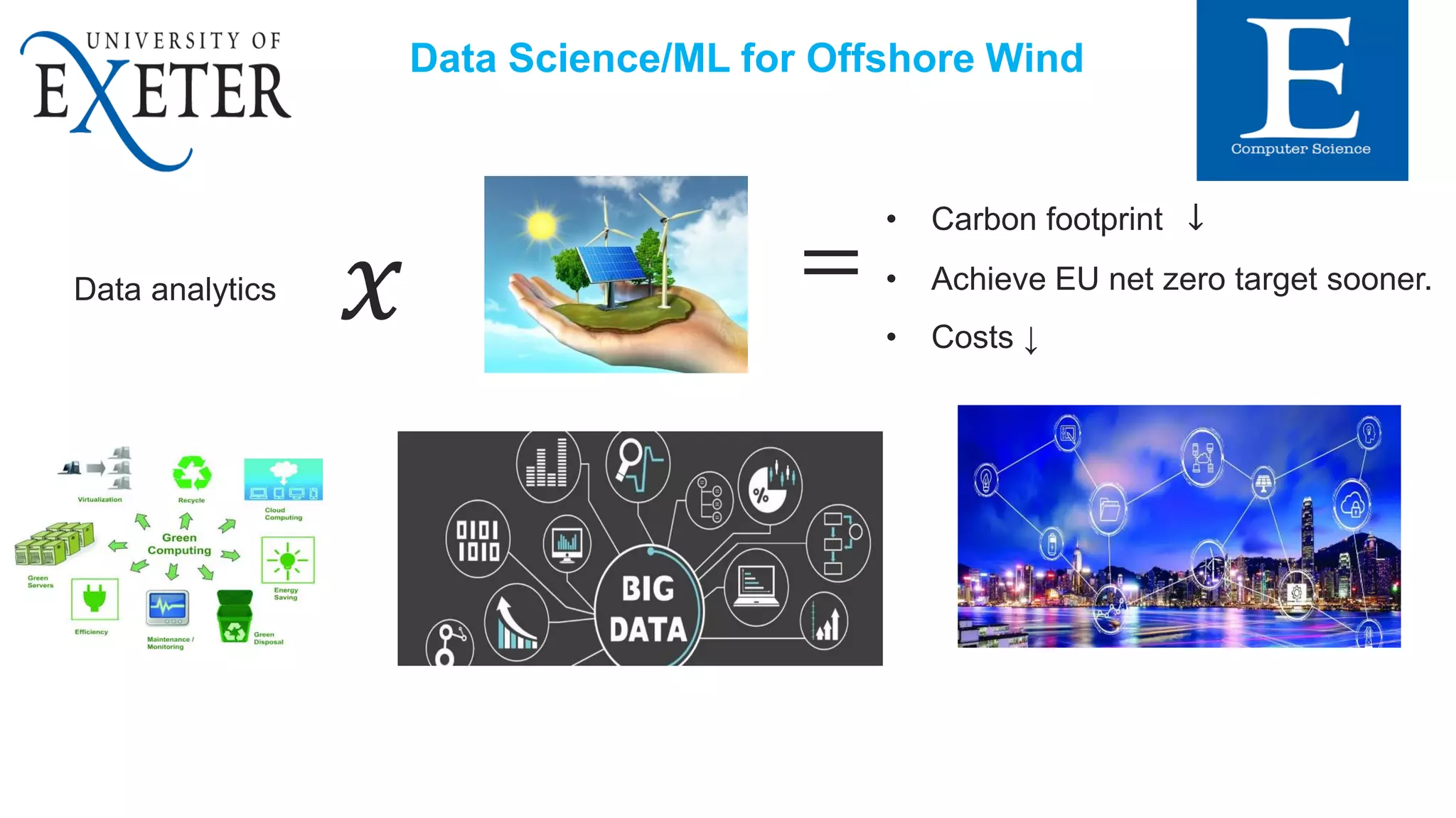 Data analytics
𝑥 =
• Carbon footprint ↓
• Achieve EU net zero target sooner.
• Costs ↓
Data Science/ML for Offshore Wind
 