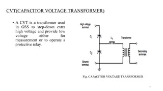 CVT(CAPACITOR VOLTAGE TRANSFORMER)
• A CVT is a transformer used
in GSS to step-down extra
high voltage and provide low
voltage either for
measurement or to operate a
protective relay.
Fig. CAPACITOR VOLTAGE TRANSFORMER
9
 