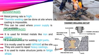 ADVANTAGES
Metal joining rate is high.
Thermite welding can be done at site where
casting is impossible.
This can be used where power supply is
not available.
DISADVANTAGES
It is used for limited metals like iron and
copper.
It is uneconomical for welding light parts.APPLICATIONS
It is mostly used to weld railroad at the site.
They are used to repair heavy castings.
It is used to make structure joints in large
ships
 