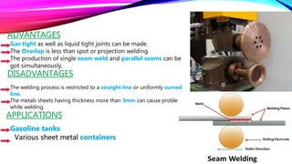 ADVANTAGES
Gas tight as well as liquid tight joints can be made.
The Overlap is less than spot or projection welding.
The production of single seam weld and parallel seams can be
got simultaneously.
The welding process is restricted to a straight line or uniformly curved
line.
The metals sheets having thickness more than 3mm can cause problems
while welding.
DISADVANTAGES
APPLICATIONS
Gasoline tanks
Various sheet metal containers
 