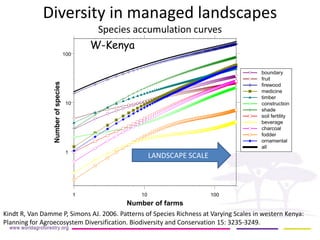 110100Number of farms110100 Number of species boundaryfruitfirewoodmedicinetimberconstructionshadesoil fertilitybeveragecharcoalfodderornamentalall 
W-Kenya 
Diversity in managed landscapes Species accumulation curves 
Kindt R, Van Damme P, Simons AJ. 2006. Patterns of Species Richness at Varying Scales in western Kenya: Planning for Agroecosystem Diversification. Biodiversity and Conservation 15: 3235-3249. 
LANDSCAPE SCALE  