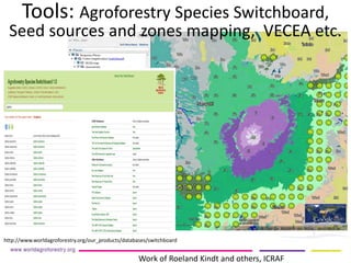 Tools: Agroforestry Species Switchboard, Seed sources and zones mapping, VECEA etc. 
http://www.worldagroforestry.org/our_products/databases/switchboard 
Work of Roeland Kindt and others, ICRAF  