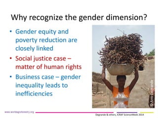Why recognize the gender dimension? 
• 
Gender equity and poverty reduction are closely linked 
• 
Social justice case – matter of human rights 
• 
Business case – gender inequality leads to inefficiencies 
© Ann Degrande 
Degrande & others, ICRAF ScienceWeek 2014  
