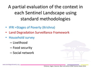 A partial evaluation of the context in each Sentinel Landscape using standard methodologies 
• 
IFRI +Stages of Poverty (Krishna) 
• 
Land Degradation Surveillance Framework 
• 
Household survey 
– 
Livelihood 
– 
Food security 
– 
Social network 
Ordonez, Vagen, Gassner, Beer and others ICRAF Science Week 2014  