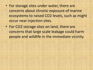 • For storage sites under water, there are
concerns about chronic exposure of marine
ecosystems to raised CO2 levels, such as might
occur near injection sites.
• For CO2 storage sites on land, there are
concerns that large scale leakage could harm
people and wildlife in the immediate vicinity.
 