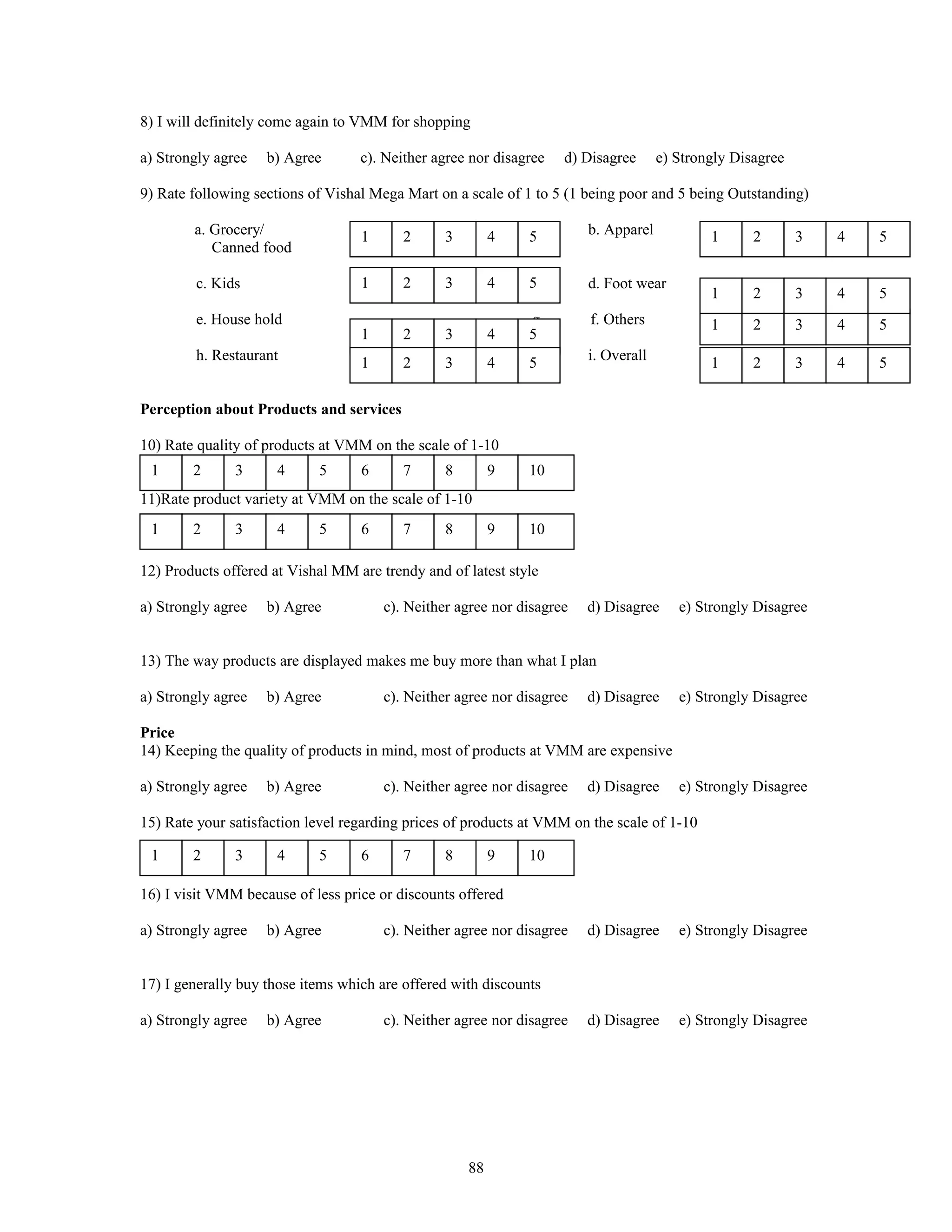 8) I will definitely come again to VMM for shopping

a) Strongly agree   b) Agree       c). Neither agree nor disagree   d) Disagree      e) Strongly Disagree

9) Rate following sections of Vishal Mega Mart on a scale of 1 to 5 (1 being poor and 5 being Outstanding)

        a. Grocery/                1      2      3        4   5         b. Apparel           1      2       3   4   5
           Canned food

        c. Kids                    1      2      3        4   5         d. Foot wear
                                                                                             1      2       3   4   5
        e. House hold                                         g.        f. Others            1      2       3   4   5
                                   1      2      3        4   5
        h. Restaurant              1      2      3        4   5         i. Overall           1      2       3   4   5

Perception about Products and services

10) Rate quality of products at VMM on the scale of 1-10
 1      2      3      4     5      6      7      8        9   10
11)Rate product variety at VMM on the scale of 1-10
 1      2      3      4     5      6      7      8        9   10

12) Products offered at Vishal MM are trendy and of latest style

a) Strongly agree   b) Agree           c). Neither agree nor disagree   d) Disagree     e) Strongly Disagree


13) The way products are displayed makes me buy more than what I plan

a) Strongly agree   b) Agree           c). Neither agree nor disagree   d) Disagree     e) Strongly Disagree

Price
14) Keeping the quality of products in mind, most of products at VMM are expensive

a) Strongly agree   b) Agree           c). Neither agree nor disagree   d) Disagree     e) Strongly Disagree

15) Rate your satisfaction level regarding prices of products at VMM on the scale of 1-10

 1      2      3      4     5      6      7      8        9   10

16) I visit VMM because of less price or discounts offered

a) Strongly agree   b) Agree           c). Neither agree nor disagree   d) Disagree     e) Strongly Disagree


17) I generally buy those items which are offered with discounts

a) Strongly agree   b) Agree           c). Neither agree nor disagree   d) Disagree     e) Strongly Disagree




                                                     88
 