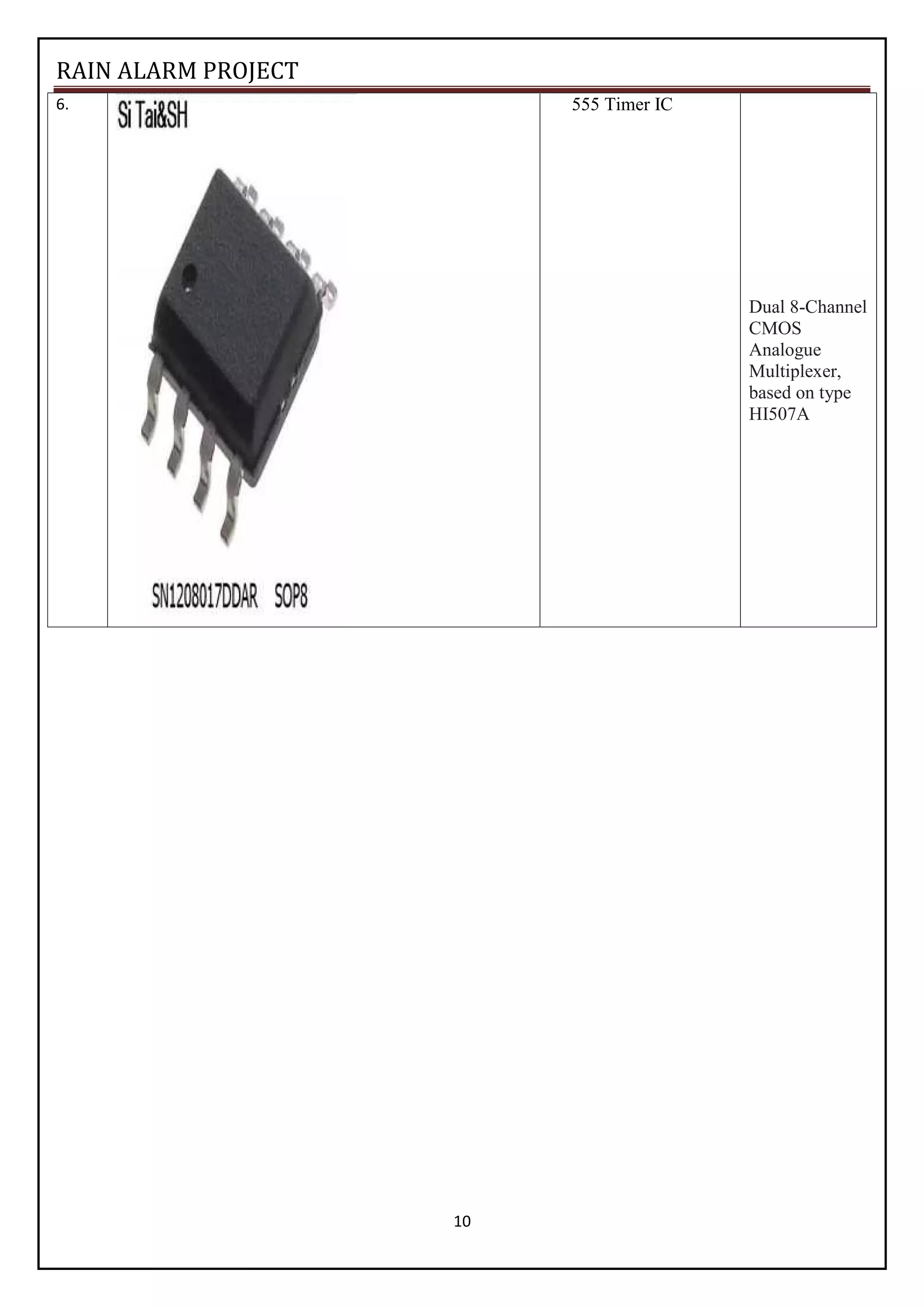RAIN ALARM PROJECT
10
6. 555 Timer IC
Dual 8-Channel
CMOS
Analogue
Multiplexer,
based on type
HI507A
 