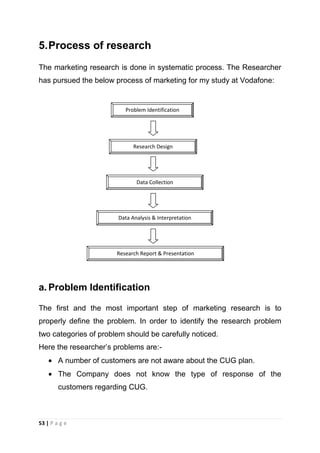 5. Process of research
The marketing research is done in systematic process. The Researcher
has pursued the below process of marketing for my study at Vodafone:

Problem Identification

Research Design

Data Collection

Data Analysis & Interpretation

Research Report & Presentation

a. Problem Identification
The first and the most important step of marketing research is to
properly define the problem. In order to identify the research problem
two categories of problem should be carefully noticed.
Here the researcher‘s problems are:A number of customers are not aware about the CUG plan.
The Company does not know the type of response of the
customers regarding CUG.

53 | P a g e

 