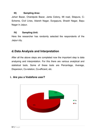 III)

Sampling Area:

Johari Bazar, Chandpole Bazar, Janta Colony, MI road, Sitapura, CScheme, Civil Lines, Adarsh Nagar, Durgapura, Shastri Nagar, Bapu
Nagar in Jaipur.

IV)

Sampling Unit:

Here the researcher has randomly selected the respondents of the
Jaipur city.

d. Data Analysis and Interpretation
After all the above steps are completed now the important step is data
analysing and interpretation. For this there are various analytical and
statistical tools. Some of these tools are Percentage, Average,
Dispersion, Co-relation, Co-efficient, etc.

i. Are you a Vodafone user?

22%

Yes
No
78%

57 | P a g e

 