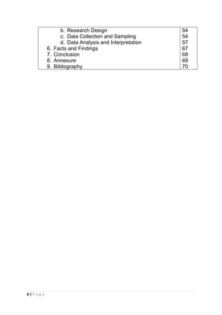 6.
7.
8.
9.

6|Page

b. Research Design
c. Data Collection and Sampling
d. Data Analysis and Interpretation
Facts and Findings
Conclusion
Annexure
Bibliography

54
54
57
67
68
69
70

 