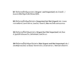 Q1 คือกิจกรรมที่สำคัญและเร่งด่วน (Urgent  and Important) เช่น ป่วยหนัก  /
ส่งเอกสารที่ผิดให้ลูกค้าเพื่อให้ส่งของได้ทัน
Q2 คือกิจกรรมที่สำคัญแต่ไม่เร่งด่วน (Important but Not Urgent) เช่น วางแผน
งานรายสัปดาห์ /ออกกำลังกาย /ออมเงิน/ นั่งสมาธิ /พัฒนาคนในทีม ออกแบบระบบ
Q3 คือกิจกรรมที่ไม่สำคัญแต่เร่งด่วน (Urgent but Not Important) เช่น อีเมล
ล์ /ดูหนังที่กำลังจะออกโรง /มิดไนท์เซลส์ /แฟนโทร.มา
Q4 คือกิจกรรมที่ไม่สำคัญและไม่เร่งด่วน (Not Urgent and Not Important) เช่น /
เล่นเฟซบุ๊ค ตอบไลน์/ เมาธ์มอย/ นินทาชาวบ้าน /อ่านข่าวดราม่า / ติดตามข่าวเรื่องดารา
 