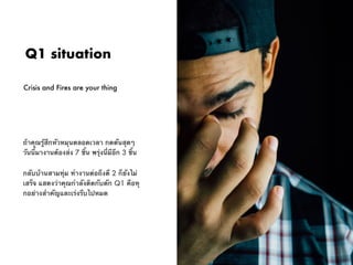 ถ้าคุณรู้สึกหัวหมุนตลอดเวลา กดดันสุดๆ
วันนี้มางานต้องส่ง 7 ชิ้น พรุ่งนี่มีอีก 3 ชิ้น
กลับบ้านสามทุ่ม ทำงานต่อถึงตี 2 ก็ยังไม่
เสร็จ แสดงว่าคุณกำลังติดกับดัก Q1 คือทุ
กอย่างสำคัญและเร่งรีบไปหมด
Q1 situation
Crisis and Fires are your thing
 