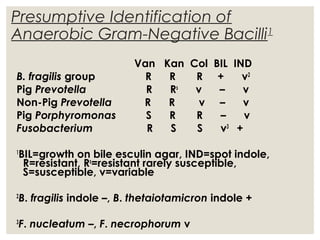 Presumptive Identification of
Anaerobic Gram-Negative Bacilli1
Van Kan Col BIL IND
B. fragilis group R R R + v2
Pig Prevotella R Rs
v – v
Non-Pig Prevotella R R v – v
Pig Porphyromonas S R R – v
Fusobacterium R S S v3
+
1
BIL=growth on bile esculin agar, IND=spot indole,
R=resistant, Rs
=resistant rarely susceptible,
S=susceptible, v=variable
2
B. fragilis indole –, B. thetaiotamicron indole +
3
F. nucleatum –, F. necrophorum v
 