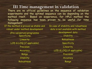 III Time management in validation
There are no official guidelines on the sequence of validation
experiments and the optimal sequence can be depending on the
method itself. Based on experience, for HPLC method the
following sequence has been proven to be useful for time
management
If the method is proved as stable andIf the method is proved as stable and
robust under method developmentrobust under method development
(Pre validation) programme(Pre validation) programme
In case of stability and robustnessIn case of stability and robustness
data is not available with methoddata is not available with method
development datadevelopment data
SpecificitySpecificity StabilityStability
LinearityLinearity RobustnessRobustness
LOD & LOQ (if applicable)LOD & LOQ (if applicable) SpecificitySpecificity
PrecisionPrecision LinearityLinearity
AccuracyAccuracy LOD & LOQ (if applicable)LOD & LOQ (if applicable)
RangeRange PrecisionPrecision
StabilityStability AccuracyAccuracy
RobustnessRobustness RangeRange
 