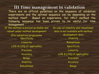 III Time management in validation
There are no official guidelines on the sequence of validation
experiments and the optim...