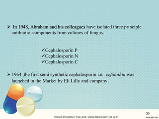  In 1948, Abraham and his colleagues have isolated three principle
antibiotic components from cultures of fungus.
 1964 ,the first semi synthetic cephalosporin i.e. cefalothin was
launched in the Market by Eli Lilly and company.
VIGNAN PHARMACY COLLEGE, VADALAMUDI,GUNTUR. (A.P)
30
Cephalosporin P
Cephalosporin N
Cephalosporin C
 