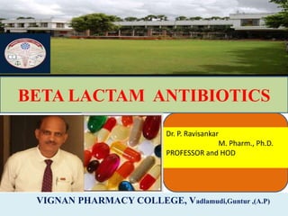 1
BETA LACTAM ANTIBIOTICS
VIGNAN PHARMACY COLLEGE, Vadlamudi,Guntur ,(A.P)
Dr. P. Ravisankar
M. Pharm., Ph.D.
PROFESSOR and HOD
 