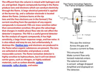 The effluent from the column is mixed with hydrogen and
air, and ignited. Organic compounds burning in the flame
produce ions and electrons which can conduct electricity
through the flame. A large electrical potential is applied
at the burner tip, and a collector electrode is located
above the flame. (mixture burns at the tip
Ions and the free electrons are in the formed ) The
current resulting from the pyrolysis of any organic
compounds is measured. FIDs are mass sensitive rather
than concentration sensitive; this gives the advantage
that changes in mobile phase flow rate do not affect the
detector's response. The FID is a useful general detector
for the analysis of organic compounds; it has high
sensitivity, a large linear response range, and low noise. It
is also robust and easy to use, but unfortunately, it
destroys the. Positive ions and electrons are produced in
the flame when organic substances are present. The ions
are collected at electrodes and produce a small,
measurable current. The flame-ionization detector is
highly sensitive to hydrocarbons, but it will not detect
carrier gases, such as nitrogen, or highly oxidized
materials, such as carbon dioxide, carbon
monoxide, sulfur dioxide, and water
Parrlar or
cylendrical
½ cm 1cm above the tip
Hydrogen
Tip.
This was the restince
Across the gap and
Causes a current to flow.
mounted
This ensures that
Make current flow only
Ionized materials enters
The external resister
is sensed voltage dropped
Amplified and displayed on
The detector.
Platinum jet
-ve electrode.
 
