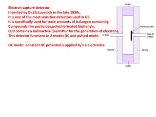 Electron capture detector:
Invented by Dr.J.E.Lovelock in the late 1950s.
It is one of the most sensitive detectors used in GC.
It is specifically used for trace amounts of halaogen containing
Compounds like pesticides,polychlorinated biphenyls.
ECD contains a radioactive β-emitter for the generation of electrons.
This detector functions in 2 modes DC and pulsed mode.
DC mode: constant DC potential is applied b/n 2 electrodes.
 