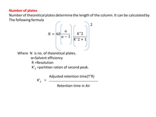 Where N is no. of theoretical plates.
α=Solvent efficiency
R =Resolution
K’2 =partition ration of second peak.
=
Adjusted retention time(T’R)
-----------------------------------------
Retention time in Air
 