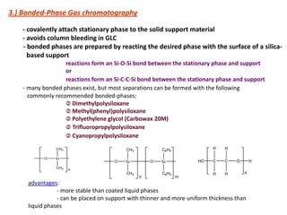 3.) Bonded-Phase Gas chromatography
- covalently attach stationary phase to the solid support material
- avoids column bleeding in GLC
- bonded phases are prepared by reacting the desired phase with the surface of a silica-
based support
reactions form an Si-O-Si bond between the stationary phase and support
or
reactions form an Si-C-C-Si bond between the stationary phase and support
- many bonded phases exist, but most separations can be formed with the following
commonly recommended bonded-phases:
 Dimethylpolysiloxane
 Methyl(phenyl)polysiloxane
 Polyethylene glycol (Carbowax 20M)
 Trifluoropropylpolysiloxane
 Cyanopropylpolysiloxane
advantages:
- more stable than coated liquid phases
- can be placed on support with thinner and more uniform thickness than
liquid phases
Si
CH3
CH3
O
n
Si
CH3
CH3
O
n
Si
C6H5
C6H5
O
m
C CHO O
H
H
H
H
H
n
 