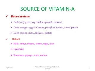 SOURCE OF VITAMIN-A
 Beta-carotene
 Dark leafy green vegetables, spinach, broccoli
 Deep orange veggies Carrots, pumpkin, squash, sweet potato
 Deep orange fruits, Apricots, cantalo
 Milk, butter, cheese, cream, eggs, liver
 Lycopene
 Tomatoes, papaya, water melon.
10/9/2015
Vignan Pharmacy College, Vadlamudi,
Guntur
12
 Retinol
 