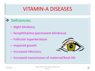 VITAMIN-A DISEASES
 Deficiencies:
– Night blindness
– Xerophthalmia (permanent blindness)
– Follicular hyperkeratosis
– Impaired growth
– Increased infections
– Increased transmission of maternal/fetal HIV
16
Vignan Pharmacy College, Vadlamudi,
Guntur
10/9/2015
 