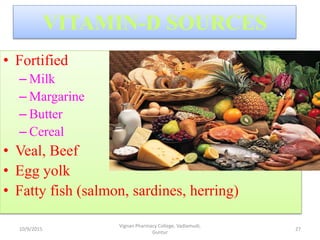 • Fortified
– Milk
– Margarine
– Butter
– Cereal
• Veal, Beef
• Egg yolk
• Fatty fish (salmon, sardines, herring)
VITAMIN-D SOURCES
27
Vignan Pharmacy College, Vadlamudi,
Guntur
10/9/2015
 