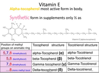 Vitamin E
Alpha-tocopherol most active form in body.
Synthetic form in supplements only ½ as
active.
Position of methyl
groups on aromatic ring
Tocopherol structure Tocotrienol structure
5,7,8 trimethyltocol) alpha-Tocopherol (α) alpha-Tocotrienol
5,8 diemthyltocol) beta-Tocopherol (β) beta-Tocotrienol
7,8 dimethyltocol) Gamma tocopherol (γ) Gamma-Tocotirenol
8 mono methyl tocol Delta-tocopherol (δ) Delta-tocotrienol34
Vignan Pharmacy College, Vadlamudi,
Guntur
10/9/2015
 