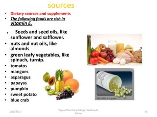sources
• Dietary sources and supplements
• The following foods are rich in
vitamin E.
. Seeds and seed oils, like
sunflower and safflower.
• nuts and nut oils, like
almonds
• green leafy vegetables, like
spinach, turnip.
• tomatos
• mangoes
• asparagus
• papayas
• pumpkin
• sweet potato
• blue crab
35
Vignan Pharmacy College, Vadlamudi,
Guntur
10/9/2015
 