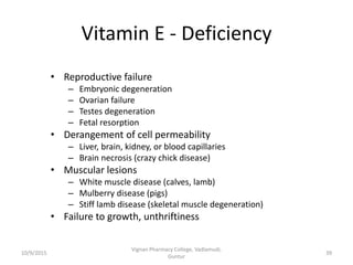 Vitamin E - Deficiency
• Reproductive failure
– Embryonic degeneration
– Ovarian failure
– Testes degeneration
– Fetal resorption
• Derangement of cell permeability
– Liver, brain, kidney, or blood capillaries
– Brain necrosis (crazy chick disease)
• Muscular lesions
– White muscle disease (calves, lamb)
– Mulberry disease (pigs)
– Stiff lamb disease (skeletal muscle degeneration)
• Failure to growth, unthriftiness
39
Vignan Pharmacy College, Vadlamudi,
Guntur
10/9/2015
 