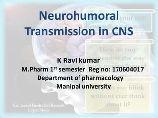 Neurohumoral
Transmission in CNS
K Ravi kumar
M.Pharm 1st semester Reg no: 170604017
Department of pharmacology
Manipal university
 