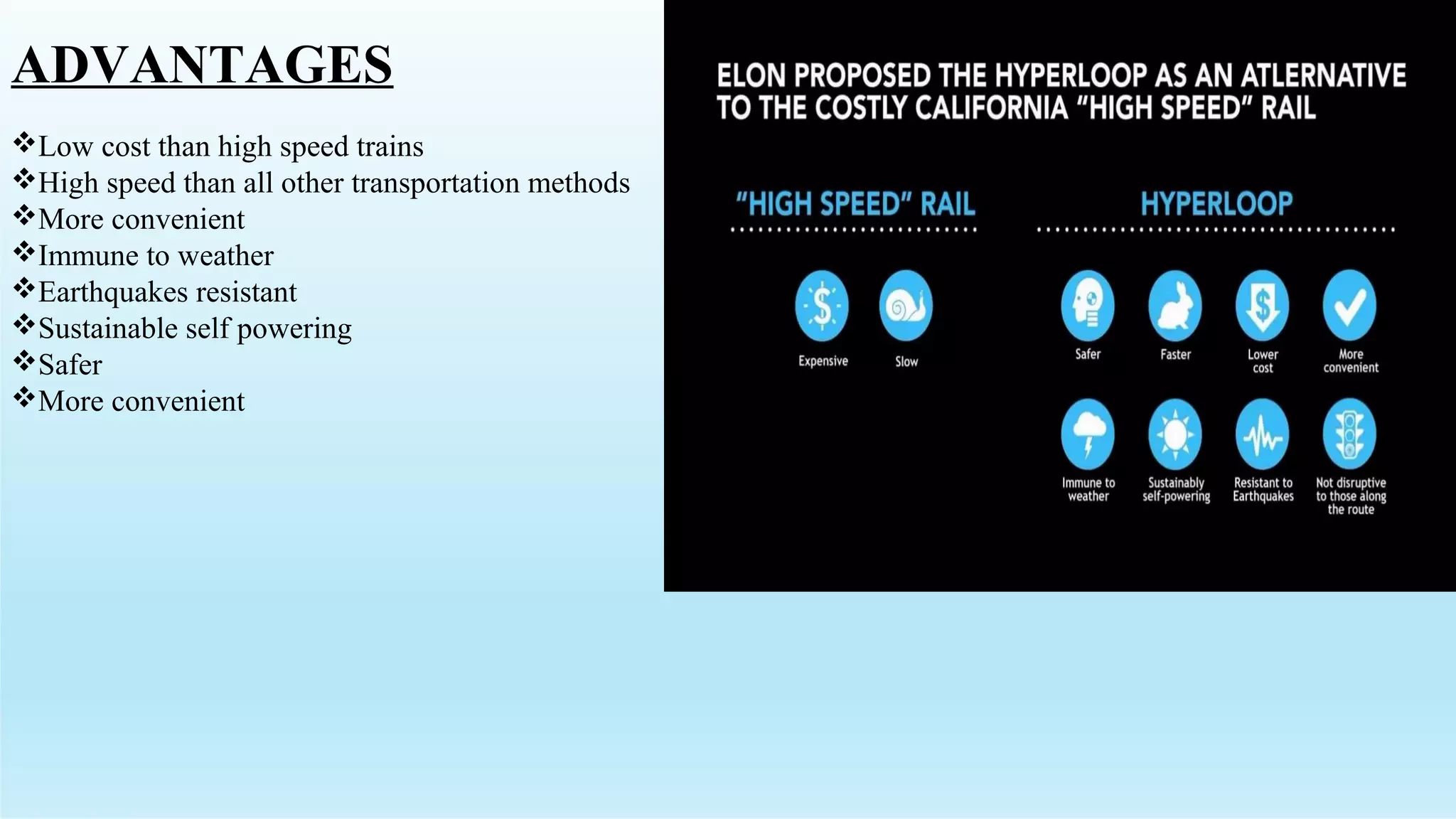 ADVANTAGES
Low cost than high speed trains
High speed than all other transportation methods
More convenient
Immune to weather
Earthquakes resistant
Sustainable self powering
Safer
More convenient
 