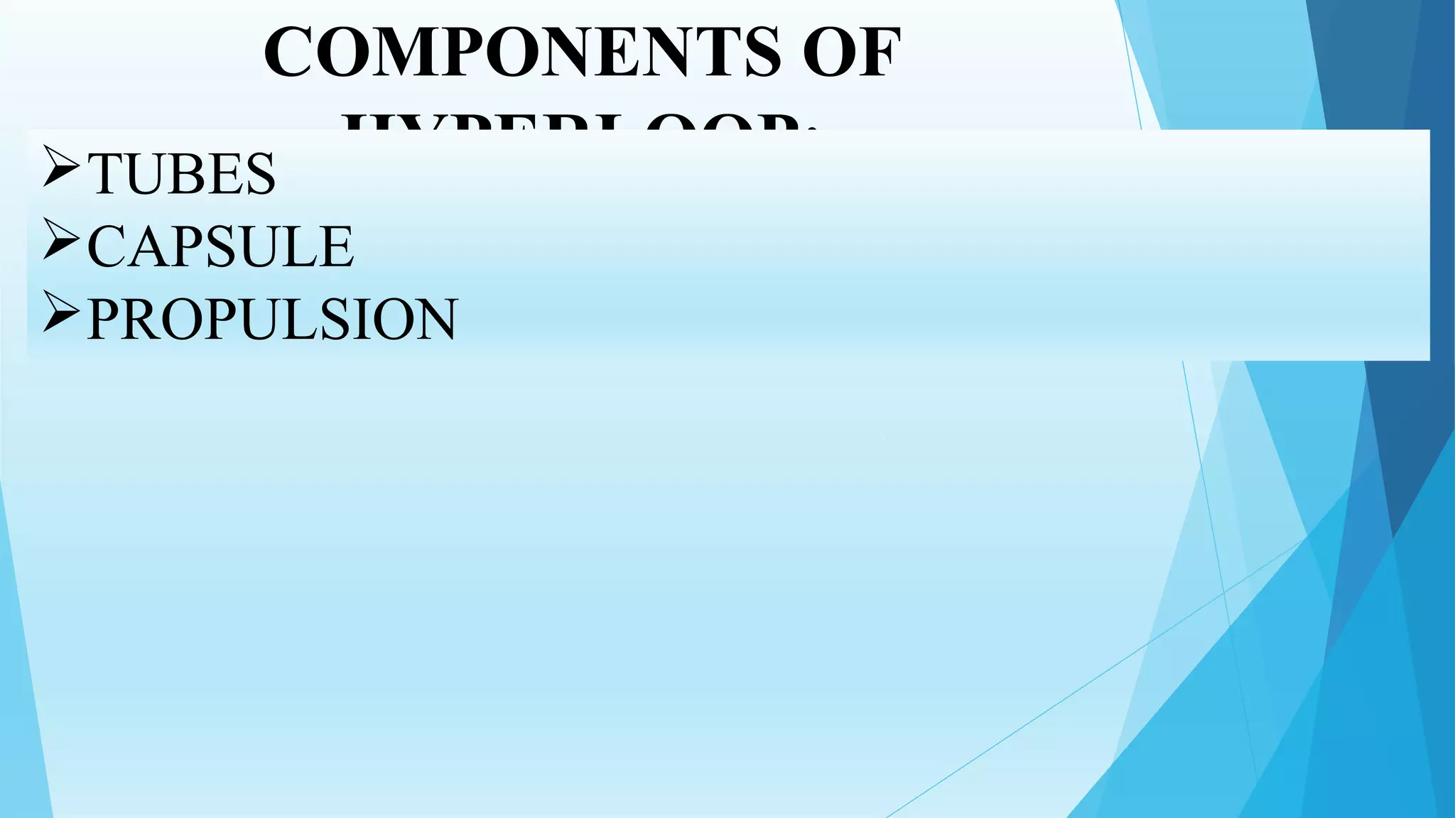 COMPONENTS OF
HYPERLOOP:TUBES
CAPSULE
PROPULSION
 