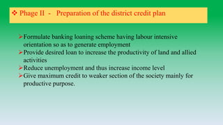  Phage II - Preparation of the district credit plan
Formulate banking loaning scheme having labour intensive
orientation so as to generate employment
Provide desired loan to increase the productivity of land and allied
activities
Reduce unemployment and thus increase income level
Give maximum credit to weaker section of the society mainly for
productive purpose.
 