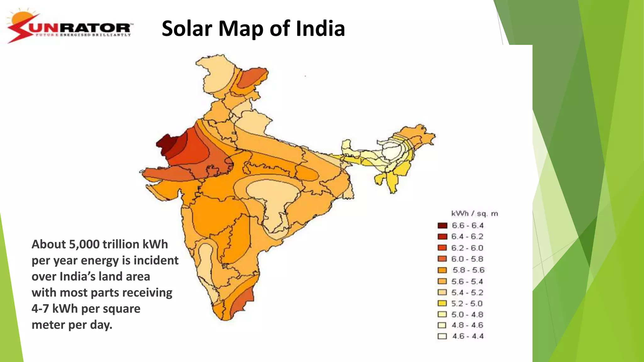Solar Map of India
About 5,000 trillion kWh
per year energy is incident
over India’s land area
with most parts receiving
4-7 kWh per square
meter per day.
 