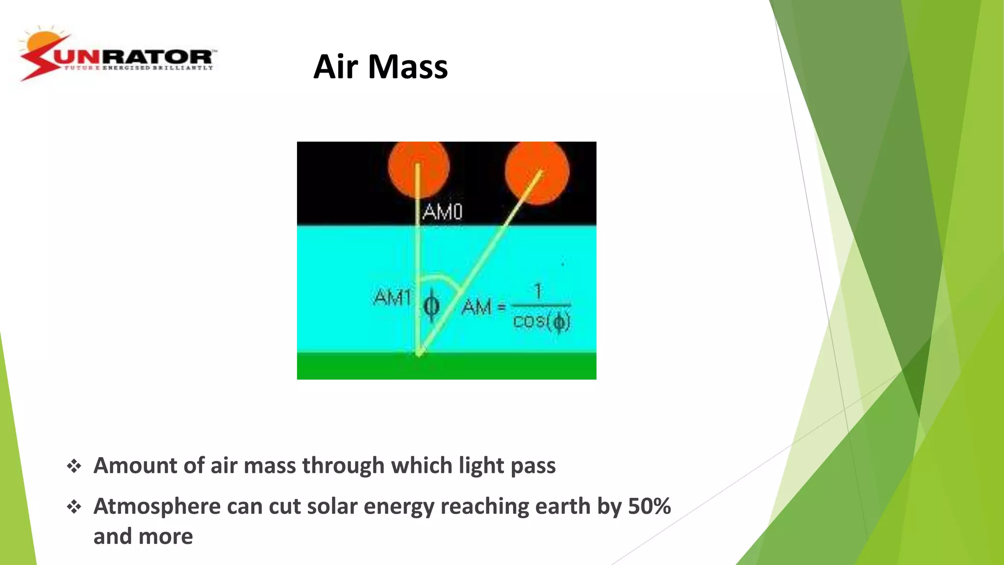 Air Mass
 Amount of air mass through which light pass
 Atmosphere can cut solar energy reaching earth by 50%
and more
 