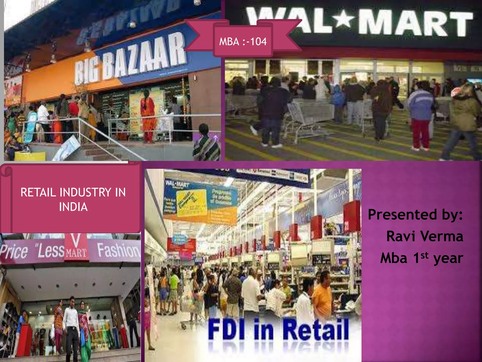 Presented by:
Ravi Verma
Mba 1st year
RETAIL INDUSTRY IN
INDIA
MBA :-104
 