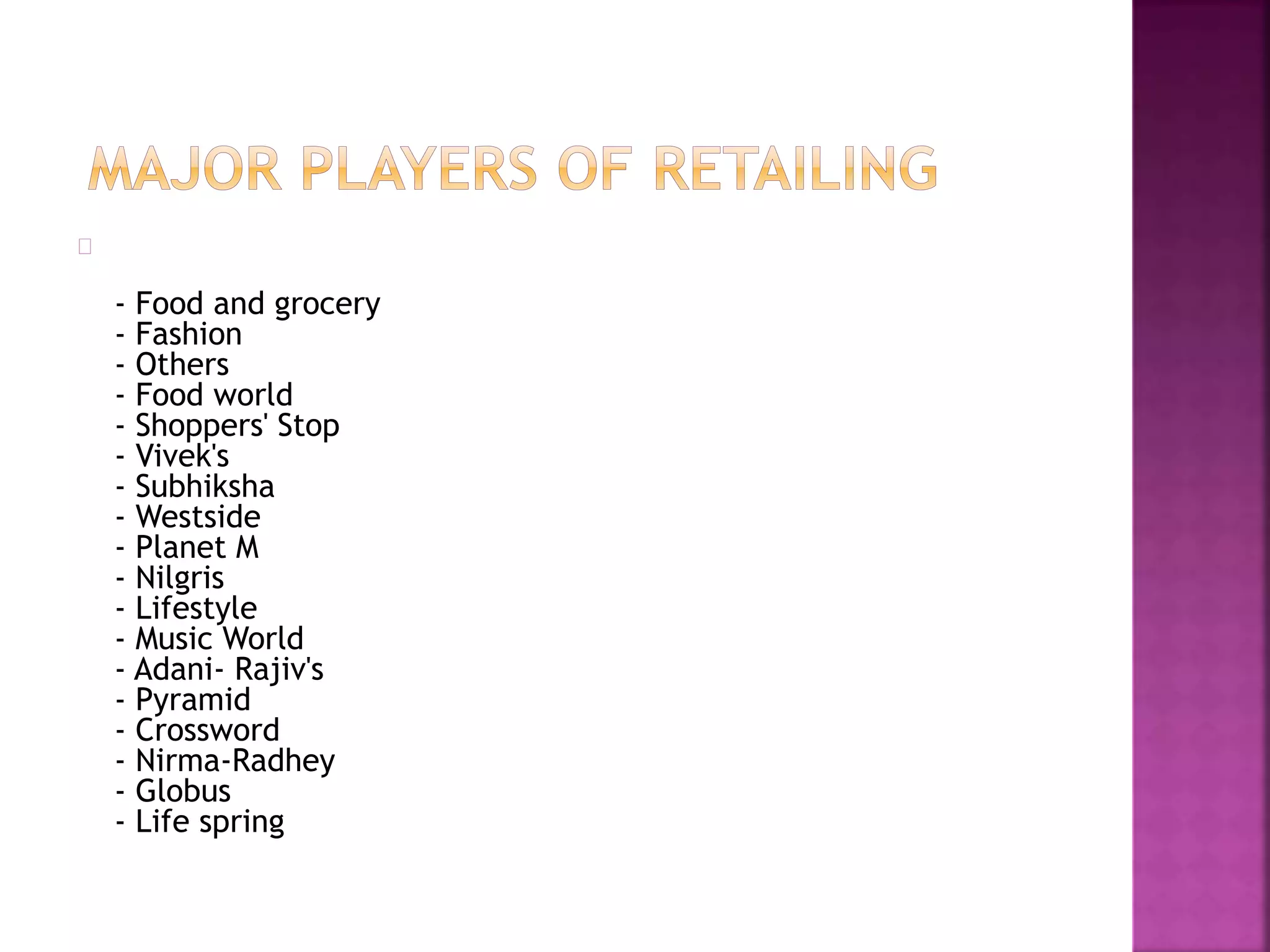 - Food and grocery
- Fashion
- Others
- Food world
- Shoppers' Stop
- Vivek's
- Subhiksha
- Westside
- Planet M
- Nilgris
- Lifestyle
- Music World
- Adani- Rajiv's
- Pyramid
- Crossword
- Nirma-Radhey
- Globus
- Life spring
 