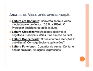 ANÁLISE DE VÍDEO APÓS APRESENTAÇÃO
 Leitura em Conjunto: Conversa sobre o vídeo
 mediada pelo professor. IDEAL X REAL. O
 Professor posiciona-se após o aluno.
 Leitura Globalizante: Aspectos positivos e
 negativos. Principais idéias. Faz síntese ao final.
 Leitura Concentrada: O que chama a atenção? O
 que dizem? Consequências e aplicações?
 Leitura Funcional: Contador de cenas. Contar e
 anotar palavras, situações, expressões.
 