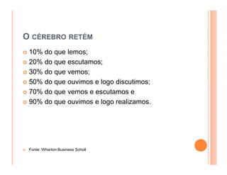 O CÉREBRO RETÉM
 10% do que lemos;
 20% do que escutamos;
 30% do que vemos;
 50% do que ouvimos e logo discutimos;
 70% do que vemos e escutamos e
 90% do que ouvimos e logo realizamos.




 Fonte: Wharton Business Scholl
 