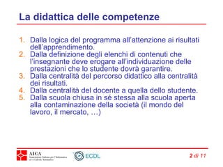 La didattica delle competenze Dalla logica del programma all’attenzione ai risultati dell’apprendimento. Dalla definizione degli elenchi di contenuti che l’insegnante deve erogare all’individuazione delle prestazioni che lo studente dovrà garantire. Dalla centralità del percorso didattico alla centralità dei risultati. Dalla centralità del docente a quella dello studente. Dalla scuola chiusa in sé stessa alla scuola aperta alla contaminazione della società (il mondo del lavoro, il mercato, …) 