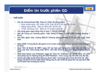 Điểm tin trước phiên GD
   THẾ GIỚI

           Chỉ số chứng khoán Mỹ, Châu Á, Châu Âu tăng điểm
            • Dow Jones tăng 1,66 điểm (0.02 %)từ 10,572.02 lên 10.573,68
            • Nikkei tăng 49.62 điểm (0.46%) lên 10,731.45
            • FTSE 100 tăng 7,54 điểm (0.14 %) lên 5,530.04
           Giá vàng giao ngay tăng nhẹ ở mức 1,132.45 USD/oz
           Giá đô trong xu hướng giảm, hiện đang ở mức 1.4363 USD tương đương 1
           Euro.
           Giá Dầu giảm nhẹ, xuống $82.54 1/thùng tương đương 0.7% so với ngày hôm
           qua.

           Năm 2009, Trung Quốc đã giành vị trí nước xuất khẩu hàng hóa lớn nhất thế giới
           từ Đức.
           Quỹ Tiền tệ Quốc tế (IMF) ngày 5/1 dự báo giá hàng hóa toàn cầu sẽ tiếp tục
           tăng cao hơn nữa trong năm 2010 - khi nền kinh tế thế giới tăng trưởng nhanh
           hơn.
           Nhật báo Dawn của Pakistan ngày 6/1 đưa tin, Pakistan đã quyết định, từ chối
           cho phép dự án đường ống khí đốt Pakistan – Iran cung cấp khí đốt cho Ấn Độ.
           Chính phủ Mỹ quyết định tiếp tục thực hiện “chương trình bình ổn kinh tế” đến
           tháng 10-2010 và cho biết hành động này là cần thiết để giúp đỡ các gia đình Mỹ
           và ổn định thị trường tài chính.

     Nguồn: Bloomberg, Stockbiz.vn,

www.vnsec.vn                                                       Vietnam Securities Corporation
 