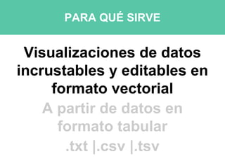 PARA QUÉ SIRVE
Visualizaciones de datos
incrustables y editables en
formato vectorial
A partir de datos en
formato tabular
.txt |.csv |.tsv
 