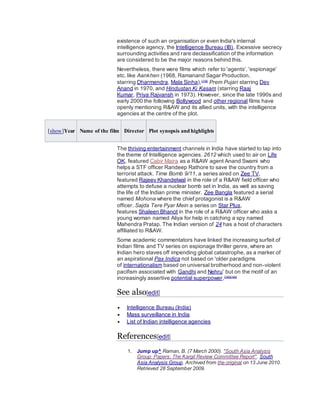 existence of such an organisation or even India's internal
intelligence agency, the Intelligence Bureau (IB). Excessive secrecy
surrounding activities and rare declassification of the information
are considered to be the major reasons behind this.
Nevertheless, there were films which refer to 'agents', 'espionage'
etc. like Aankhen (1968, Ramanand Sagar Production,
starring Dharmendra, Mala Sinha),[178]
Prem Pujari starring Dev
Anand in 1970, and Hindustan Ki Kasam (starring Raaj
Kumar, Priya Rajvansh in 1973). However, since the late 1990s and
early 2000 the following Bollywood and other regional films have
openly mentioning R&AW and its allied units, with the intelligence
agencies at the centre of the plot.
[show]Year Name of the film Director Plot synopsis and highlights
The thriving entertainment channels in India have started to tap into
the theme of Intelligence agencies. 2612 which used to air on Life
OK, featured Cabir Maira as a R&AW agent Anand Swami who
helps a STF officer Randeep Rathore to save the country from a
terrorist attack. Time Bomb 9/11, a series aired on Zee TV,
featured Rajeev Khandelwal in the role of a R&AW field officer who
attempts to defuse a nuclear bomb set in India, as well as saving
the life of the Indian prime minister. Zee Bangla featured a serial
named Mohona where the chief protagonist is a R&AW
officer. Sajda Tere Pyar Mein a series on Star Plus,
features Shaleen Bhanot in the role of a R&AW officer who asks a
young woman named Aliya for help in catching a spy named
Mahendra Pratap. The Indian version of 24 has a host of characters
affiliated to R&AW.
Some academic commentators have linked the increasing surfeit of
Indian films and TV series on espionage thriller genre, where an
Indian hero staves off impending global catastrophe, as a marker of
an aspirational Pax Indica not based on 'older paradigms
of internationalism based on universal brotherhood and non-violent
pacifism associated with Gandhi and Nehru' but on the motif of an
increasingly assertive potential superpower.[193][194]
See also[edit]
 Intelligence Bureau (India)
 Mass surveillance in India
 List of Indian intelligence agencies
References[edit]
1. Jump up^ Raman, B. (7 March 2000). "South Asia Analysis
Group: Papers: The Kargil Review Committee Report". South
Asia Analysis Group. Archived from the original on 13 June 2010.
Retrieved 28 September 2009.
 