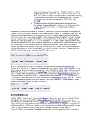 divisions/areas/countries: Area one – Pakistan; Area two – China
and Southeast Asia; Area three – the Middle East and Africa; and
Area four – other countries. Two Special Joint Secretaries, reporting
to the Additional Secretary, head the Electronics and Technical
Department which is the nodal agency for ETS, NTRO and
the RRC.
 The Director General of Security has two important sections -
the Aviation Research Centre is headed by one Special Secretary
and the Special Services Bureau controlled by two Special
Secretaries.[31]
The internal structure of the R&AW is a matter of speculation, but brief overviews of the same are
present in the public domain. Attached to the Headquarters of R&AW at Lodhi Road, New Delhi are
different regional headquarters, which have direct links to overseas stations and are headed by a
controlling officer who keeps records of different projects assigned to field officers who are posted
abroad. Intelligence is usually collected from a variety of sources by field officers and deputy field
officers; it is either preprocessed by a senior field officer or by a desk officer. The desk officer then
passes the information to the Joint Secretary and then on to the Additional Secretary and from there
it is disseminated to the concerned end user. R&AW personnel are called "Research Officers"
instead of the traditional "agents". There is a sizeable number of female officers in R&AW even at
the operational level. In recent years, R&AW has shifted its primary focus from Pakistan to China
and have started operating a separate desk for this purpose.[29]
List of Secretaries of the Research and Analysis Wing
[show]No. Name Took office Left office Notes
Most of the Directors/Secretaries of Research and Analysis Wing have been Indian Police
Service (IPS) officers. R. N. Kao and K. Sankaran Nair belonged to the Imperial Police (IP), of the
British colonial days which was renamed as the Indian Police Service after Indian Independence in
1947. N. F. Suntook had served in the Indian Navy, then in the Indian Police Service and in the
Indian Frontier Administration Service. Vikram Sood was from the Indian Postal Service and was
later permanently absorbed in the RAS cadre.[35]
Now he acts as Advisor to Fair Observer.[36]
A. S.
Dulat was an Indian Police Service officer deputed from the Intelligence Bureau, while K. C. Verma
is an ex-Intelligence Bureau officer. All the chiefs have been experts on China or Pakistan except
for Ashok Chaturvedi, who is an expert on Nepal.[27]
Designations at R&AW
[show]Class I / Group A Officers Group B / C Officers
Recruitment[edit]
Initially, R&AW relied primarily on trained intelligence officers who were recruited directly. These
belonged to the external wing of the Intelligence Bureau. In times of great expansion, many
candidates were taken from the military, police and the Indian Revenue Service.[37][38]
Later, R&AW
began directly recruiting graduates from universities. However owing to allegations of nepotism in
appointments,[39]
in 1983 R&AW created its own service cadre, the Research and Analysis Service
(RAS) to absorb talent from other Group A Civil Services, under the Central Staffing
Scheme.[40]
Direct recruitment at Class I executive level is from Civil services officers undergoing
 